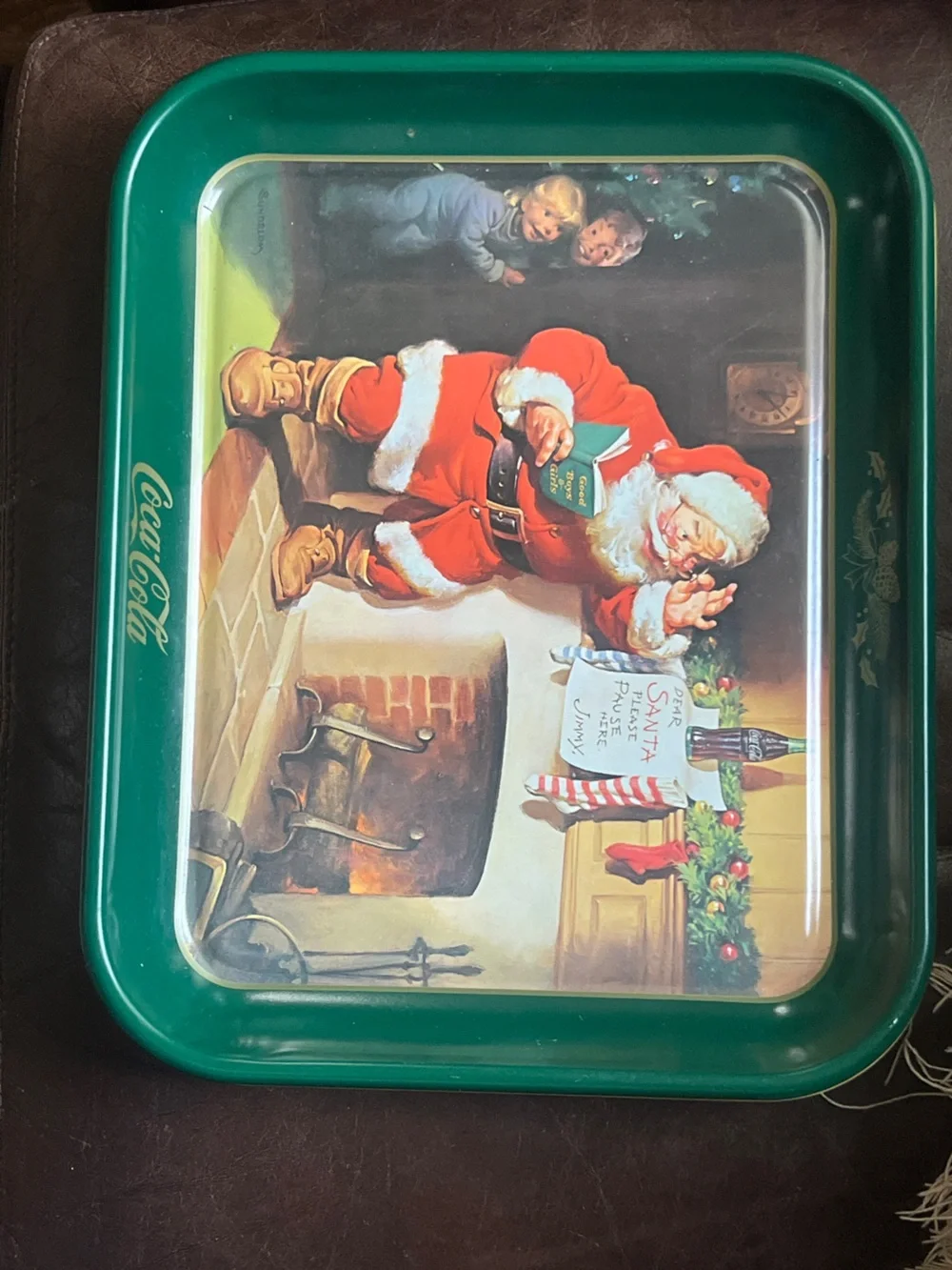 Vintage Coca Cola Green Santa Holiday Serving tray